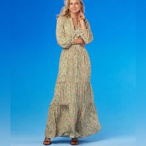 NICOBLU MACKENZIE RUFFLE DRAWSTRING MAXI DRESS IN DELICATE FERNS boho pockets